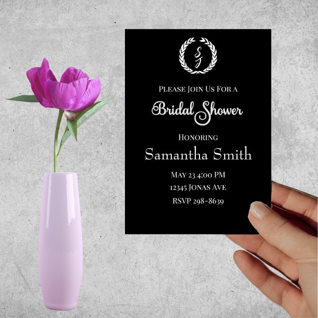White Monogram Wreath on black Bridal Shower Invitation (Creator Uploaded)