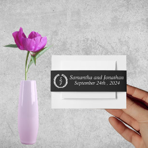 White Monogram Wreath on black Wedding Invitation Belly Band