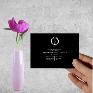 White Monogram Wreath on black Wedding Rehearsal  Invitation