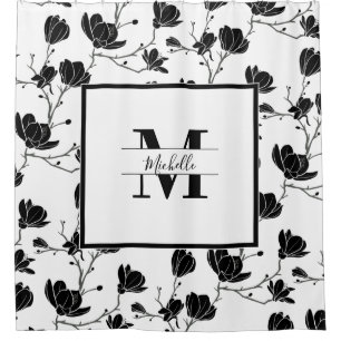 White Monogrammed White and Black Magnolia Flower Shower Curtain