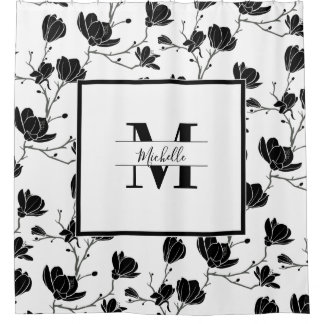 White Monogrammed White and Black Magnolia Flower Shower Curtain
