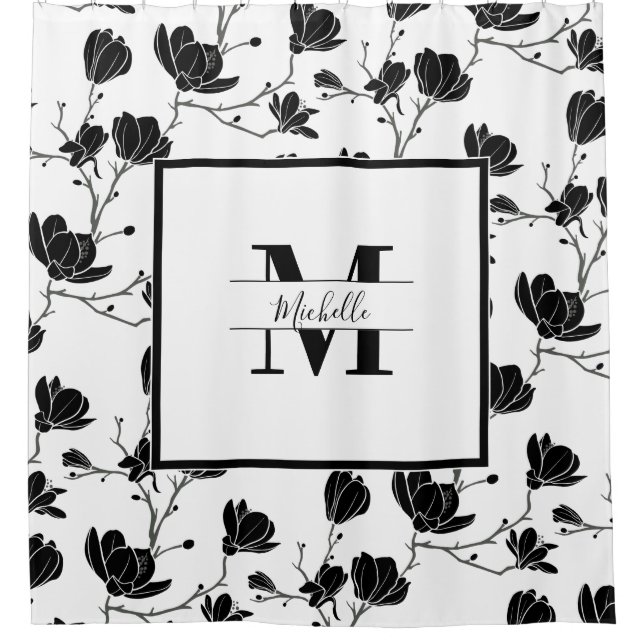  White Monogrammed White and Black Magnolia Flower Shower Curtain (Front)