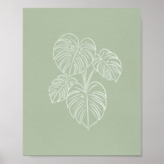 White Monstera Leaf Line Art on Sage Green  Poster