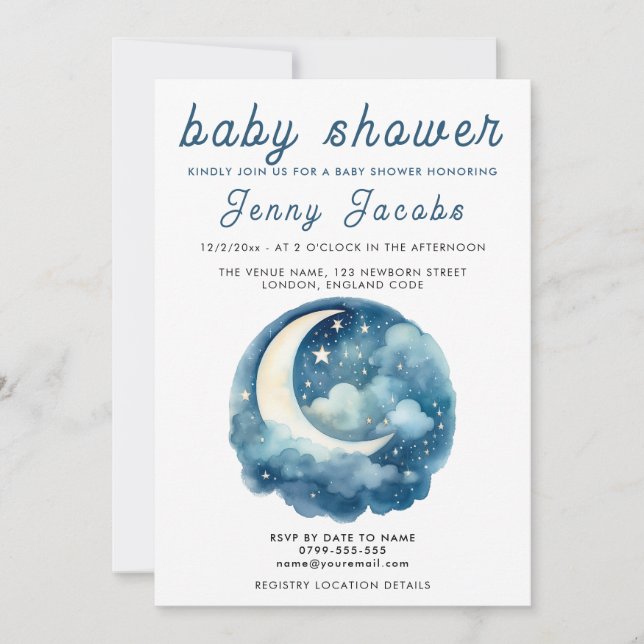 White Moon & Stars Baby Shower night sky Invitation (Front)
