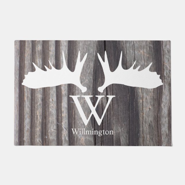 White Moose Antlers Weathered Wood - Personalised Doormat (Front)