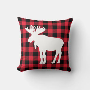 White Moose on Red Buffalo Check Throw Pillow