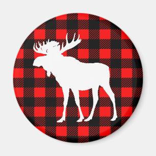 White Moose & Rustic Black Red Buffalo Check Plaid Magnet