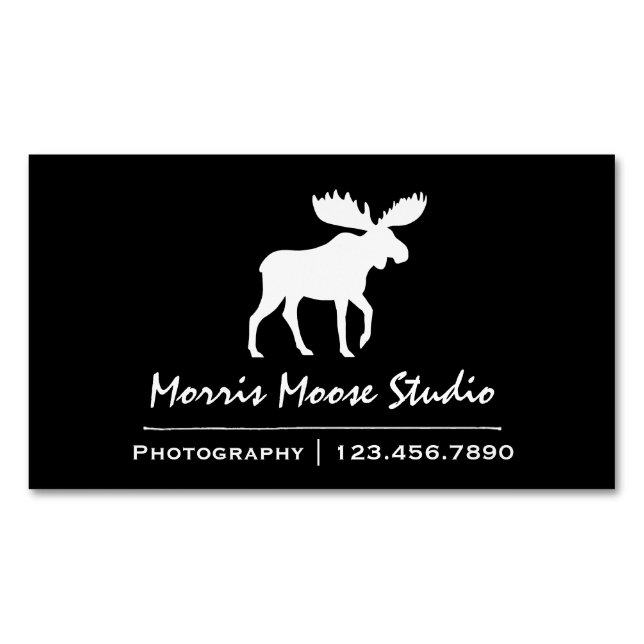 White Moose Silhouette on Black Magnetic Business Card (Front)