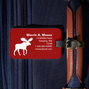 White Moose Silhouette on Red Luggage Tag