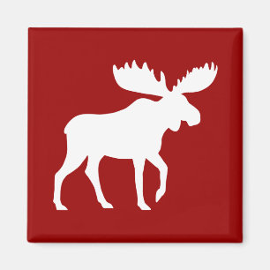 White Moose Silhouette on Red Magnet