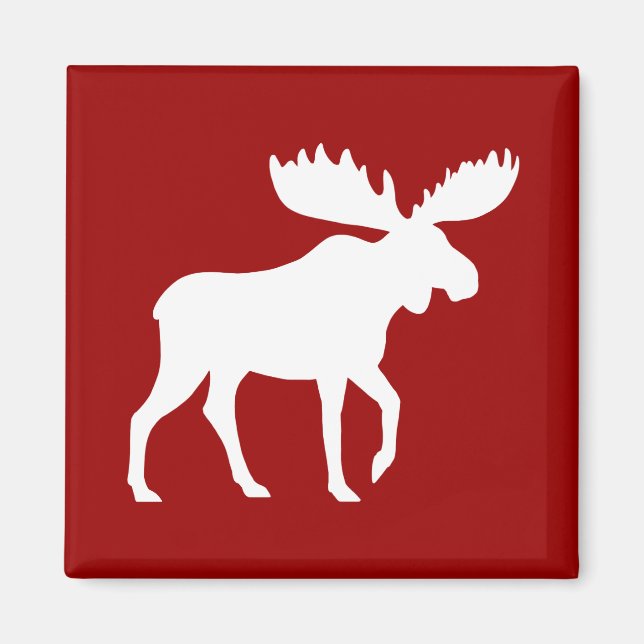 White Moose Silhouette on Red Magnet (Front)