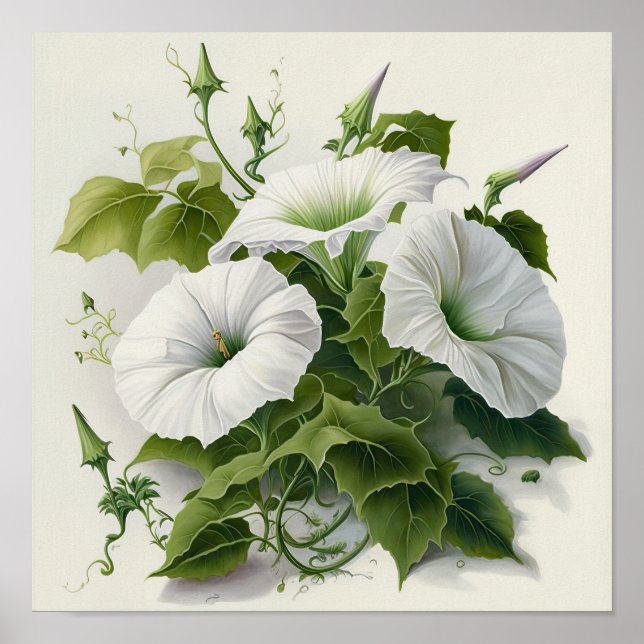 White Morning Glory Flowers Art Print Poster (Front)