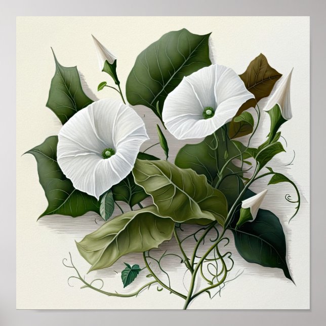 White Morning Glory Flowers Art Print Poster (Front)