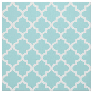 White Moroccan Quatrefoil   Aqua Blue Pattern Fabric