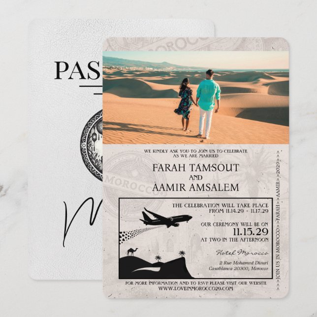 White Morocco Passport Wedding Invitation (Front/Back)