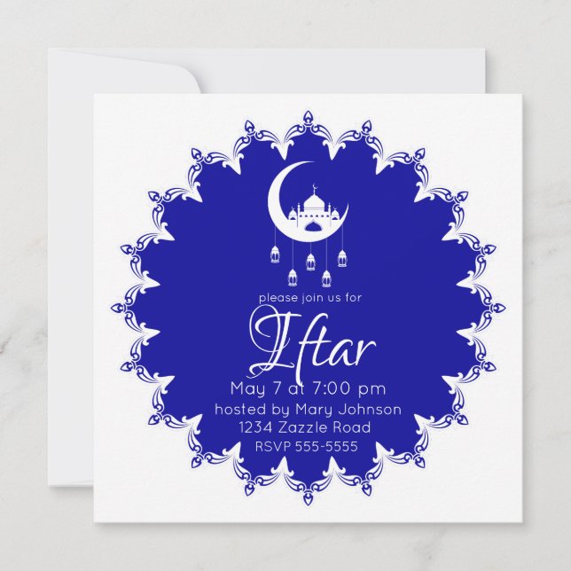 White Mosque in Crescent Moon Fanous Ramadan, blue Invitation (Front)