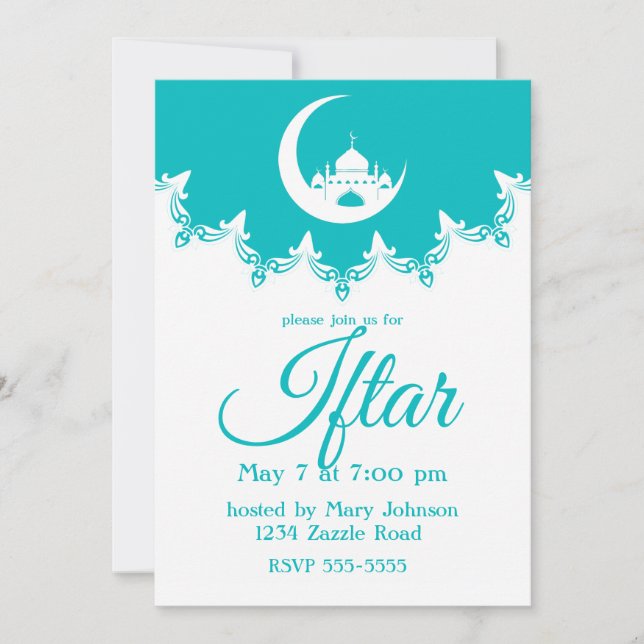 White Mosque in Crescent Moon Ramadan Iftar Invitation (Front)