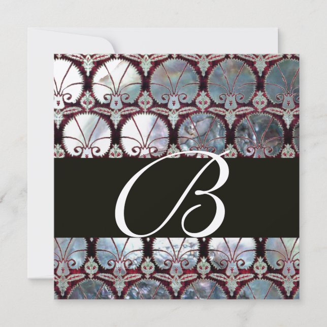 WHITE  MOTHER OF PEARL DAMASK CARNATIONS MONOGRAM INVITATION (Front)