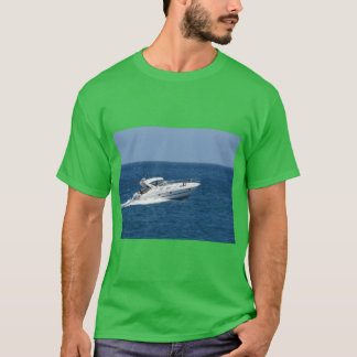 White Motorboat Cruising Across Deep Blue Sea on a T-Shirt