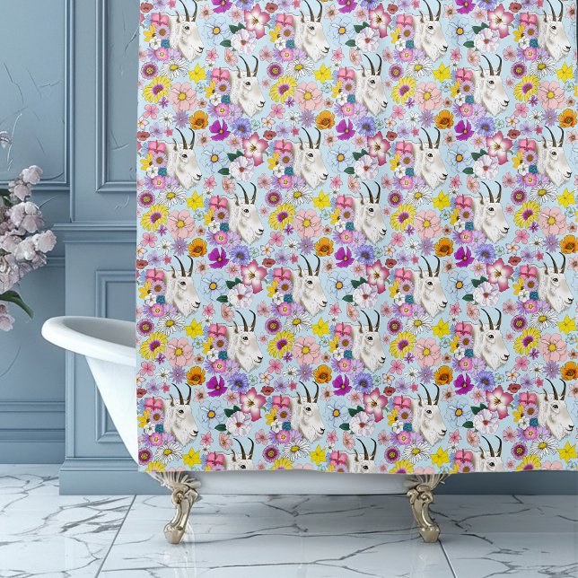 White Mountain Goat Flowers Shower Curtain (Creator Uploaded)