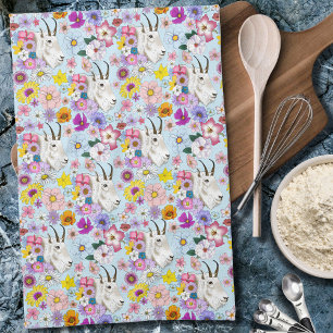 White Mountain Goat Flowers Tea Towel