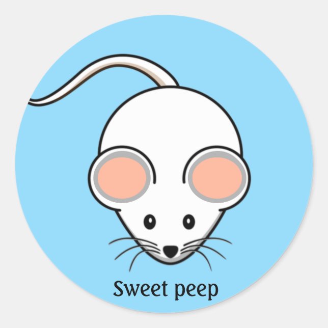 White mouse cartoon on light blue classic round sticker (Front)