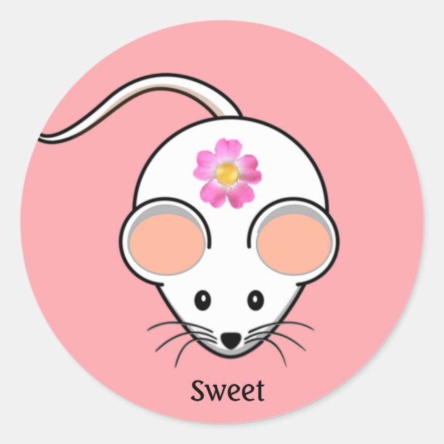 White mouse cartoon with flower on coral pink classic round sticker (Front)