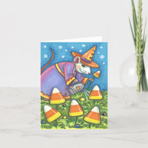 WHITE MOUSE IN CANDY CORN GARDEN, COLORFUL Blank Holiday Card