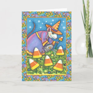 WHITE MOUSE IN CANDY CORN GARDEN, COLORFUL & CUTE HOLIDAY CARD
