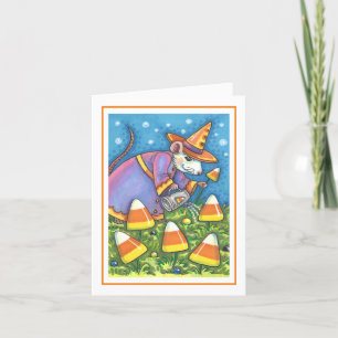 WHITE MOUSE IN CANDY CORN GARDEN, COLORFUL & CUTE HOLIDAY CARD