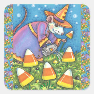 WHITE MOUSE IN CANDY CORN GARDEN, COLORFUL & CUTE SQUARE STICKER
