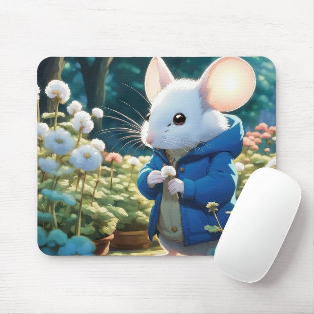 White Mouse In Garden Mouse Mat (With Mouse)