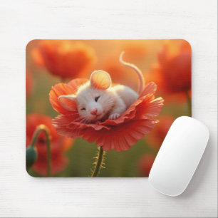 White Mouse Resting On a Red Poppy Mouse Mat