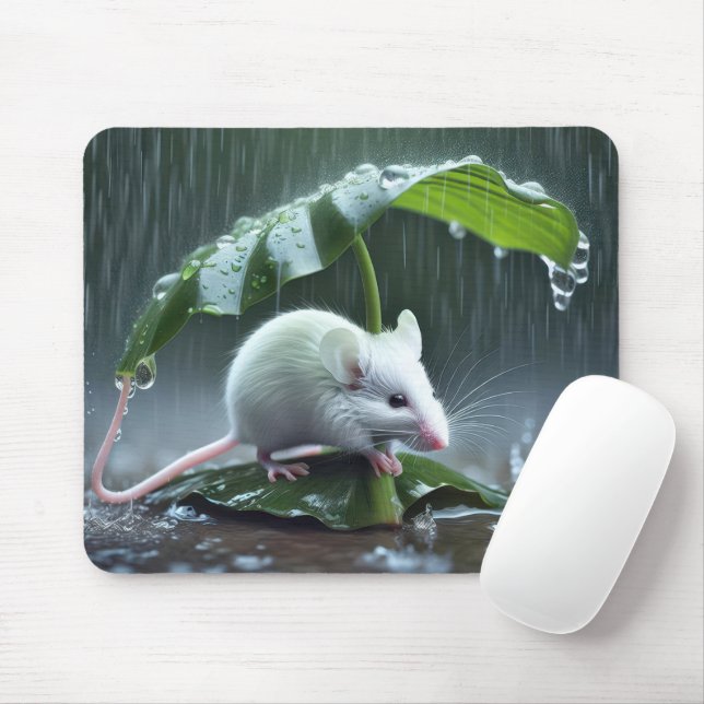White Mouse Staying Dry Under Big Leaf Mat (With Mouse)