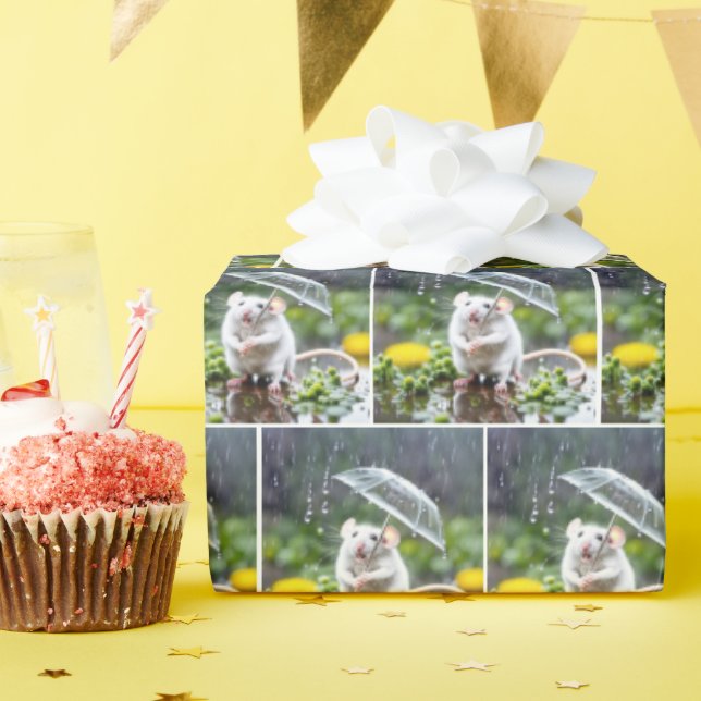 White Mouse With Umbrella Wrapping Paper (Birthday Party)