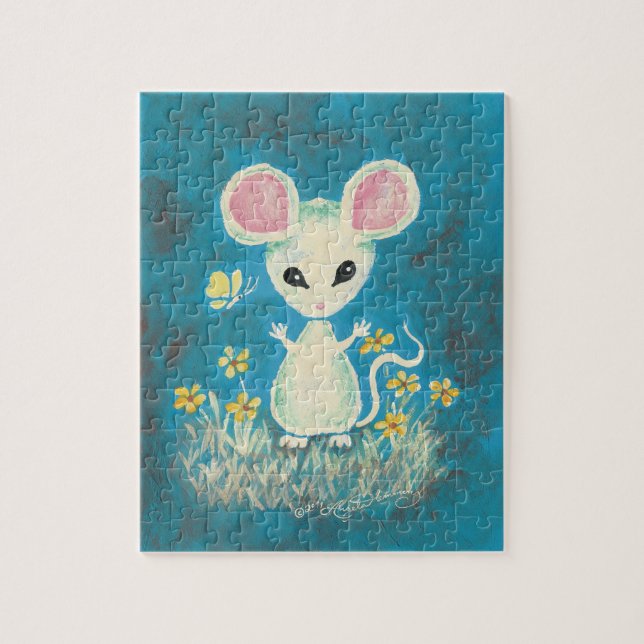 White Mouse with Yellow Flowers & Butterfly. Jigsaw Puzzle (Vertical)