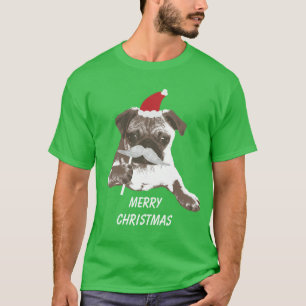 White Moustache Santa Pug Merry Christmas T-Shirt