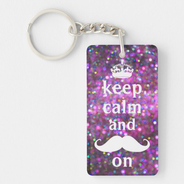 White Moustache With Purple And Pink Sparkle Key Ring (Front)