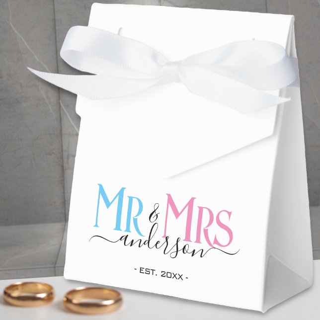 White Mr & Mrs Newlywed Wedding Favour Thank You Favour Box (pink and blue mr and mrs white wedding favor box)