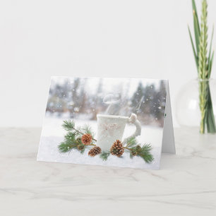 White Mug and Green Pine Snow Christmas Card