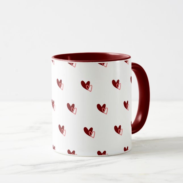  White Mug – Dark Red Hearts Pattern (Front Right)