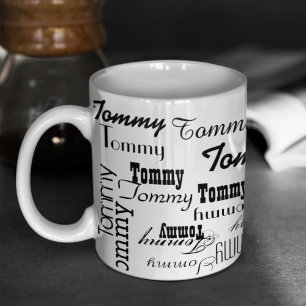 White Mug with Black Names Pattern