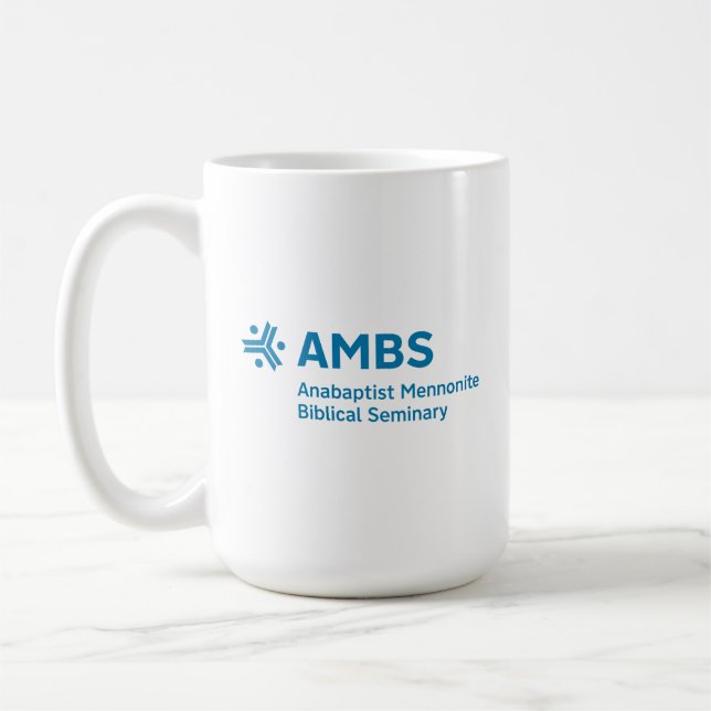 White mug with blue AMBS logo (Left)