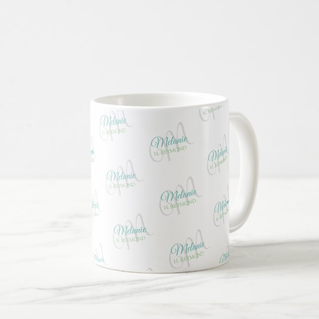 White Mug with her Name and Initial allover  (Front Right)