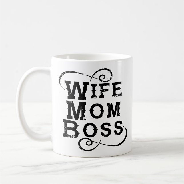 White Mum Boss, distress text Coffee Mug (Left)