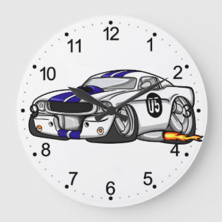 White muscle car cartoon - Choose background color Large Clock