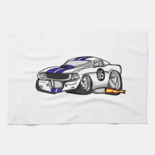 White muscle car cartoon - Choose background color Tea Towel