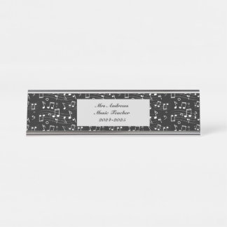 White music notes on black background desk name plate