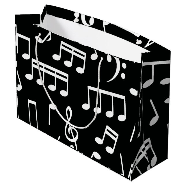 White Music Notes on Black Background Gift Bag (Back Angled)