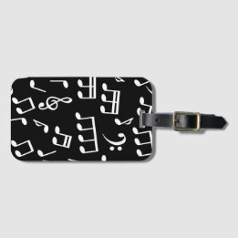 White Music Notes on Black Background Luggage Tag